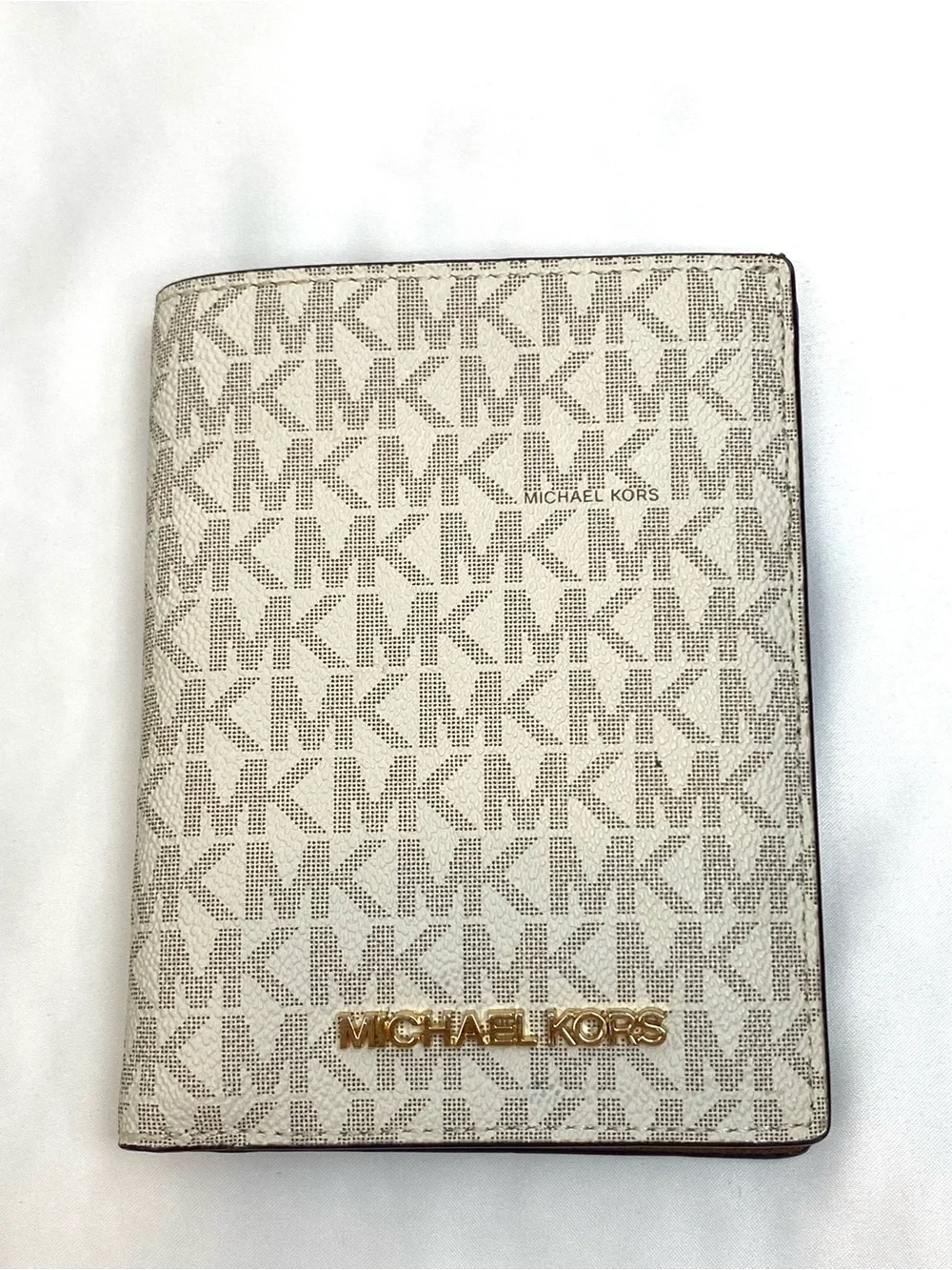 Michael Kors White Logo Print Travel Wallet with Gold Hardware